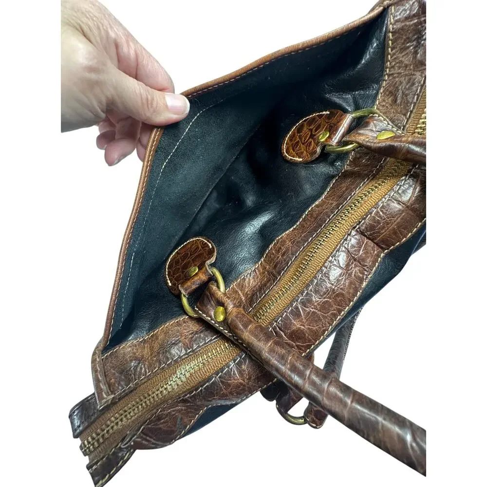 Brahmin Satchel Handbag Brown Croc Embossed Leather Classic